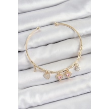 Pirinç Zirkon Taşlı Pembe Kalp Model Gold Renk Charm Bileklik Çok Renkli