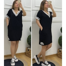 Efnaz Style Kadın Kısa Kollu V Yaka Ribana Detaylı Cepli Dizüstü Viskon Elbise Siyah