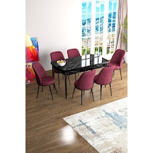 Canisa Han Serisi 70x114 Açılabilir Mdf Mutfak Masası Takımı Siyah Mermer Desen Masa 6 Bordo Sandalye Masa Siyah Mermer Sandalyeler Bordo