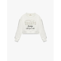 Koton Uzun Kollu Bisiklet Yaka Aplike Detaylı Pamuklu Sweatshirt Ekru 6wkg10180ak Ekru
