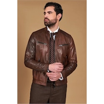 M M Marki Marki Erkek Hakiki Deri Ceket Bisiklet Yaka, 6 Cepli, Astarlı, 67 Cm, Baharlık - 505422 Kahverengi