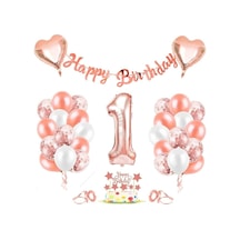 Rose Gold 1 Yaş Rakam Kalp Folyo Balon Konfetili Balon Seti Banne