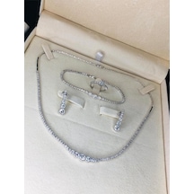 Kadın Gümüş Set - Parla Zirconia Taşlı Su Yolu Set • Işıklı Kutuda • Düğün • Nişan • Gelin Seti