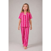 Kız Çocuk Çizgili Gecelik Pembe Pijama Takımı