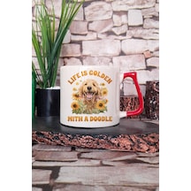 Life Is Gold With A Doodle Baskılı Köpeksever Hediyelik Kulplu Kupa Bardak Kırmızı