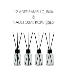 Naturix  Cam Kavanoz Oda Kokusu Şişesi 50 ML + Bambu Çubuk 20 CM 12'li