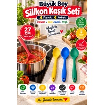 4'lü Set Kırmızı Sarı Mavi Yeşil, Büyük Boy Silikon Kaşık Seti 27 Cm, Yemek Pişirme Ve Servis Kaşığı