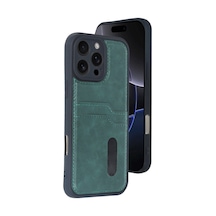 Apple Uyumlu iPhone 16 Pro Max Kılıf Sara Kartvizitli Deri Kılıf Koyu Yeşil/