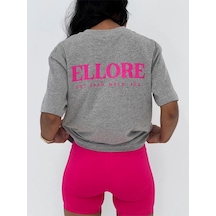 Ellore T-shirt - Gri Baskılı Oversize Bisiklet Yaka Kısa Kol Tişört Gri