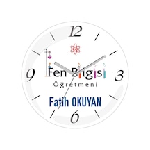 Kişiye Özel Fen Bilgisi Öğretmeni Atom Çap 30 Bombeli Gerçek Cam Duvar Saati Siyah