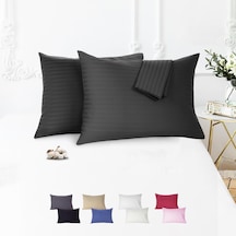 %100 Pamuk Çizgili Saten Yastık Kılıfı 50 X 70 Cm 2'li Paket Siyah Bebe Pembe - Kırık Beyaz