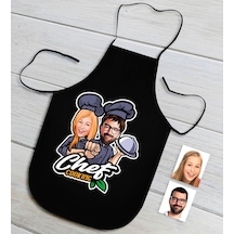 Kişiye Özel Erkek Ve Kadın Chef Karikatürlü Siyah Mutfak Önlüğü