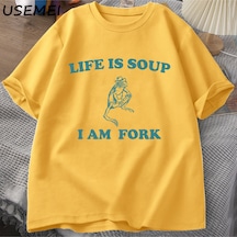 Flood Of Style Hayat Çorba Ben Çatal Kurbağa Grafik T Shirt Pamuk Unisex Komik Retro Tişört Yaz Hayvan Baskı Sarı