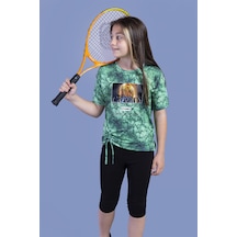 Toontoy Kids Kız Çocuk 2'li Takım Baskılı Bisiklet Yaka T-shirt & Basic Düz Tayt - Yırtmaç Detaylı - Bağcıklı Yeşil