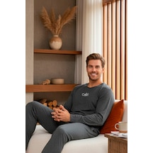 Rindahomewear Antrasit Uzun Kollu Nakışlı Örme Erkek Pijama Takımı Antrasit