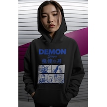 Sevbano Demon Slayer Anime Sırt Baskılı Unisex Oversize Premium Hoodie Siyah