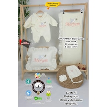 Gros Shop Müslin Yeni Doğan 4katlı Organik %100pamuk Kişiye Özgü Nakışlı Hastane Çıkış Seti Kuş Model-3 Ekru-1