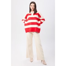 Düz Gömlek Yaka Kadın Kırmızı Triko Tunik Pantolon - 23895 001