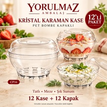 12 Li Kristal Karaman Kase Cp16 Pet Bombe Kapaklı Şeffaf Plastik Tatlı, Meze Ve Sunum Kabı