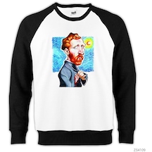 Van Gogh Karikatür Reglan Kol Beyaz Sweatshirt