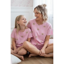 Siyah İnci Pembe Desenli Pamuklu Bisiklet Yaka Örme Şortlu Pijama Takım