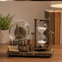 Kişiye Özel Dekoratif Big Ben Saat Kulesi Temalı Kar Küresi Ve Kum Saati Vintage Tasarım Hediyelik Masa Dekoru