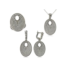 Casera's Gümüş Beyaz Taşlı Oval Kadın Set Csr2182052 Gümüş