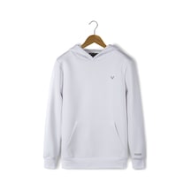 Unisex Beyaz Göğsü Ve Kolu Baskılı Kalın Üç Iplik Şardonlu Kapüşonlu Hoodie Sweatshirt Beyaz