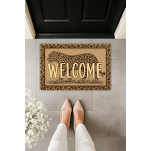 Rugmood Leopar Desenli Welcome Kapı Önü Paspası Dijital Baskı Dekoratif Kaymaz Paspas 70x45 Cm Kahverengi