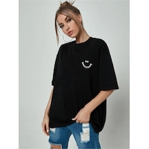 Flood Of Style Kadın Siyah Smile Baskılı Oversize Bisiklet Yaka Kısa Kollu Tişört