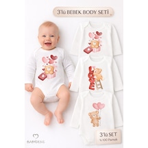 Babyden's 3 Lü Bebek Body Seti %100 Pamuk Uzun Kollu Ayıcık Baskılı Yenidoğan Unisex Bebek Body Beyaz