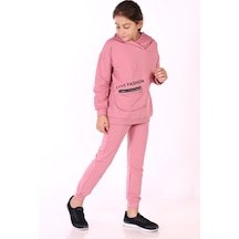 Toontoy Kids Toontoy Kız Çocuk 2'li Takım Baskılı Kapüşonlu Torba Cepli Asimetrik Sweatshirt & Beli Paçası Lastikli Cepli Jogger Eşofman Altı - 2 İpilk Gül Kurusu