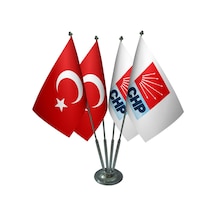 Masa Üstü Chp Bayrağı Türk Bayrağı Dörtlü Krom Direk Masa Bayrak