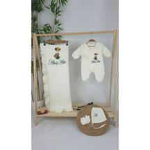 Gros Shop Müslin Yeni Doğan 4katlı Organik %100pamuk Kişiye Özgü Nakışlı Hastane Çıkış Seti-yeşil Ayıcık Balon Ekru-1