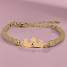 Archin L Harfine Özel 14 Ayar Altın Plakalı Hasır Kordonlu Taç Motifli Hediye Bileklik-461harf L