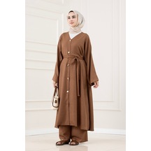 Sevitli Düğmeli Davin Abaya İkili Takım-kahverengi-5978
