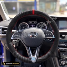 Infiniti Qx30 Dikme Direksiyon Kılıfı Alcantara Süet Mat Karbon Kırmızı Yüzük Ve Dikiş Awd-premium-sport 2016-2020