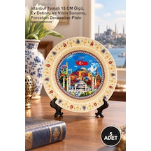 5 Adet Porselen Dekoratif Tabak İstanbul Temalı 15 Cm Ölçü, Ev Dekoru Ve Vitrin Sunumu, Porcelain Decorative Plate Altın