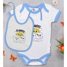 Bk Kids Always Smile Tasarımlı Mavi Bebek Body Zıbın Ve Mama Önlü Çok Renkli