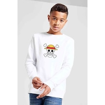 Tshirthane Anime One Piece Logo Baskılı Unisex Çocuk Beyaz Sweatshirt Beyaz