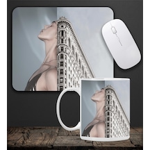 Baskılı Kupa & Gri Renk Kadın Ve Manzara Motifli Mouse Pad 23x19cm Fare Altlığı Kaydırmaz Taban De589 Ofis Hediyesi