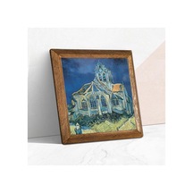 Pinecone Vincent Van Gogh Auvers'deki Kilise Taş Duvar Tablosu - Ahşap Çerçeveli Taş Tablo - 25x25 Cm - Dekoratif Duvar Sanatı - Modern Ev Ve Ofis Duvar Dekoru W1-289