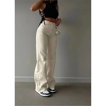 Woddi Krem Kadın Süper Yüksek Bel Salaş Jeans Palazzo Kot Pantolon-1