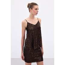 Sateen Payet Detaylı Askılı Bluz - Kahve-136646 Kahve