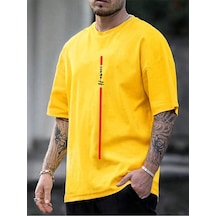 Dikey Yazılı Süprem T-shirt - Sarı Baskılı Oversize Bisiklet Yaka Kısa Kol Tişört Sari