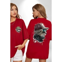 Pilot Çeketli Deri Şapkalı Cool Kedi Kırmızı Oversize Unisex Ön Ve Sırt Baskılı Tişört Kırmızı