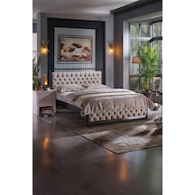 Mithra Çift Kişilik Metal Karyola Krem Ahşap Latalı