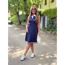 Defymoda Kadın Ribana Detaylı Sıfır Kol Midi Boy Elbise Lacivert
