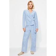 Benerly Kadın Kruvaze Yaka Wellsoft Kışlık Örme Pijama Takımı V Yaka Stan Açık Mavi