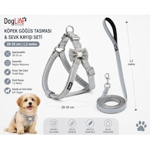 Köpek Göğüs Tasması Ve Sevk Kayışı Seti 28-35 Cm Çizgili Papyonlu 1,2 Metre Kayış - Pembe Gri Çok Renkli